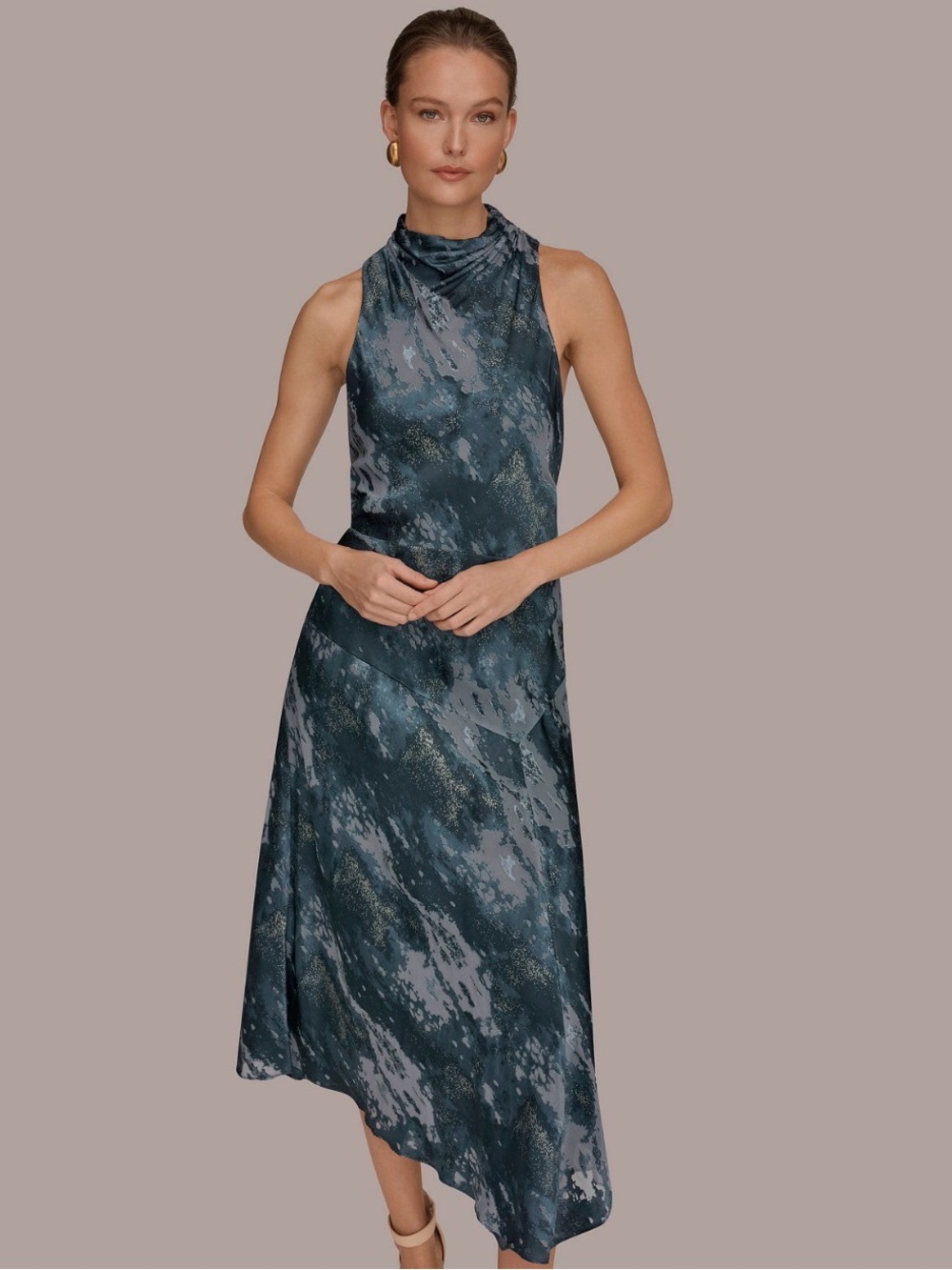 Donna Karan Teal and Slate Marble-Print Sleeveless Midi Dress